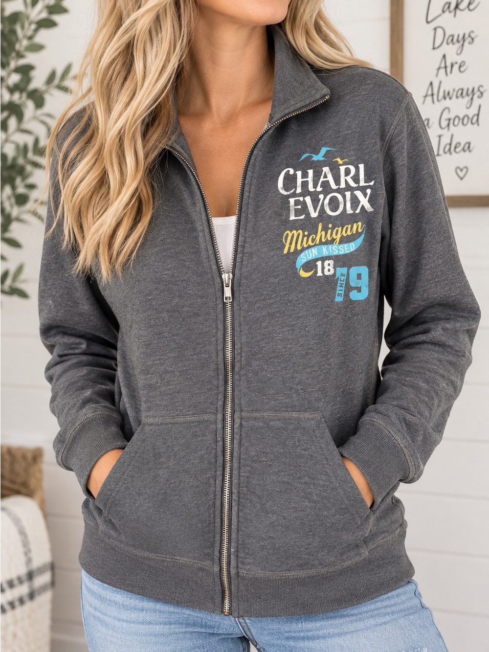 Charlevoix Michigan Full Zip Sweatshirt Jacket Gray Size M